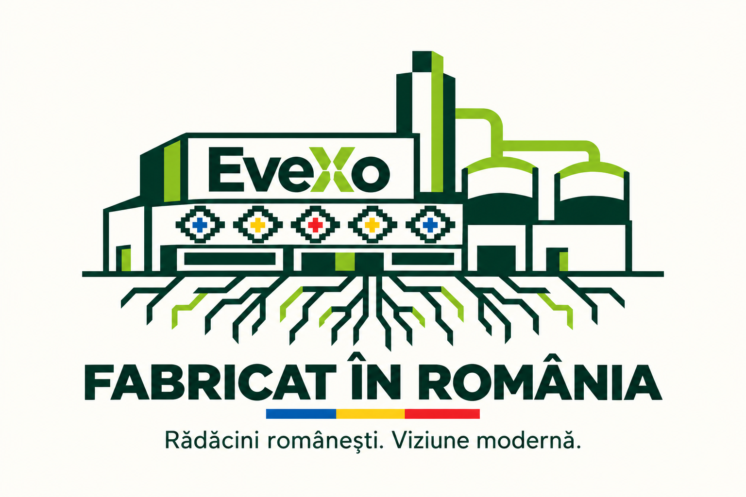 Fabrica Evexo cu rădăcini stilizate și motive tradiționale românești